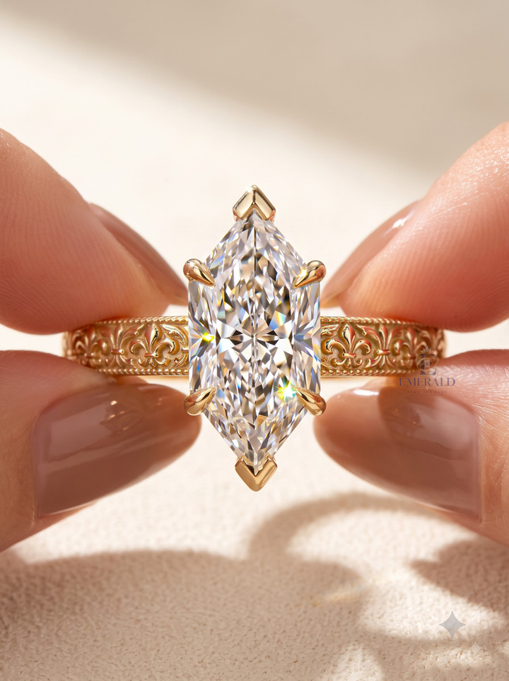 1.0CT to 3.0CT Elongated Hexagon Lab Grown Diamond Antique Engraved Solitaire Engagement Ring