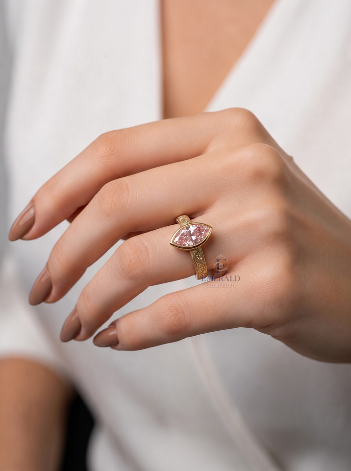2.0CT Pink Marquise Cut Lab Grown Diamond Vintage Bezel Set Engagement Ring