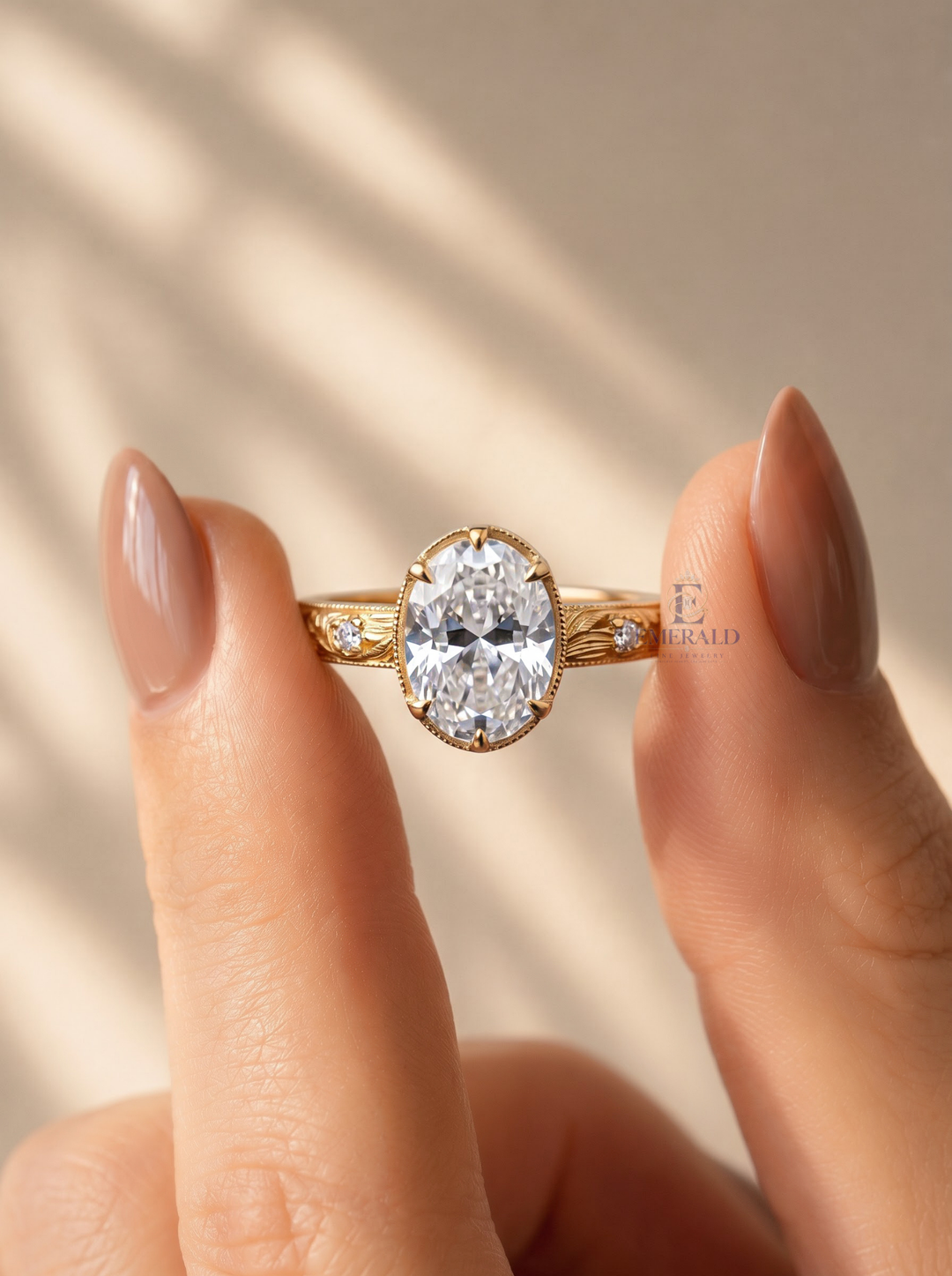 2.0CT Oval Lab Grown Diamond Vintage Engraved Bezel Set Solitaire Engagement Ring