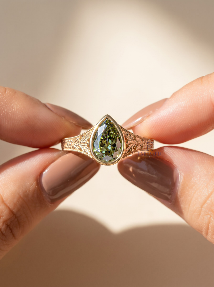 1.0CT to 3.0CT Green Pear Cut Gemstone Vintage Bezel Set Floral Engraved Engagement Ring