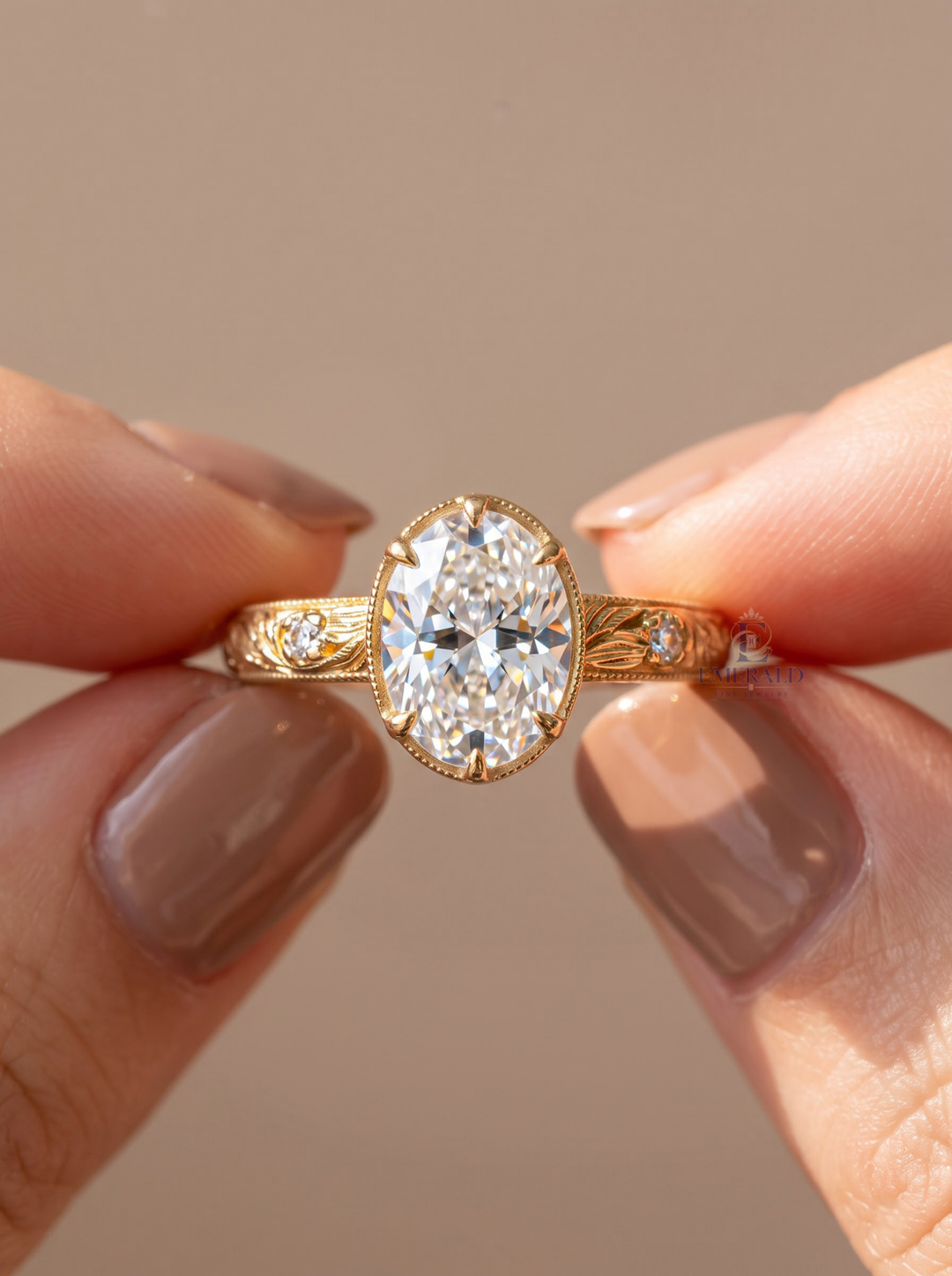 2.0CT Oval Lab Grown Diamond Vintage Engraved Bezel Set Solitaire Engagement Ring