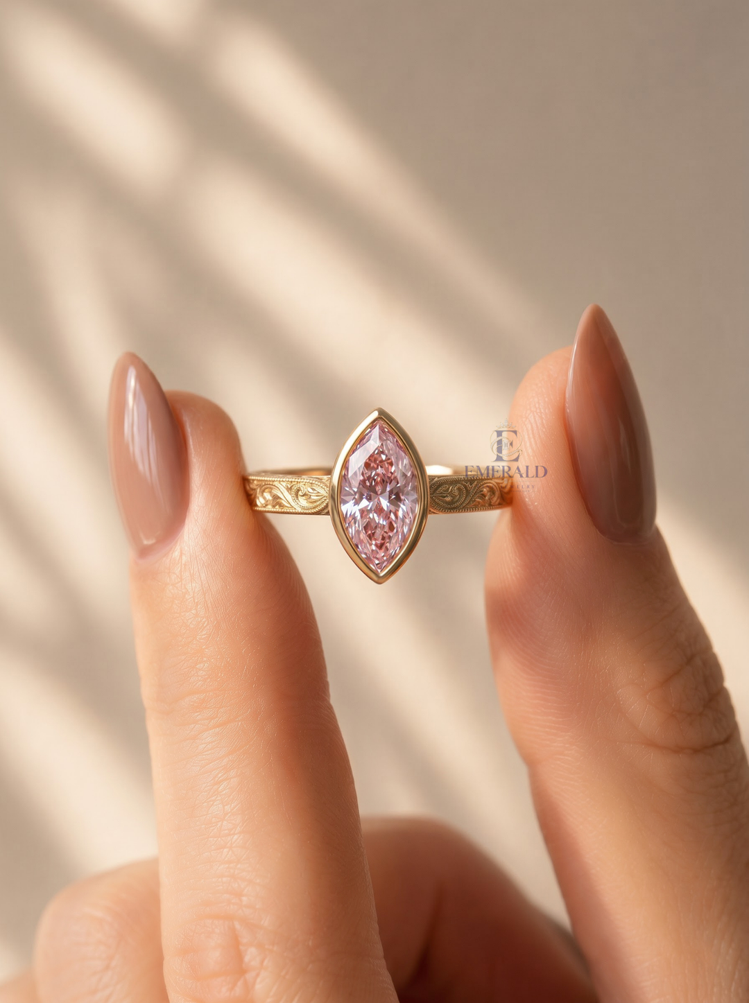 2.0CT Pink Marquise Cut Lab Grown Diamond Vintage Bezel Set Engagement Ring