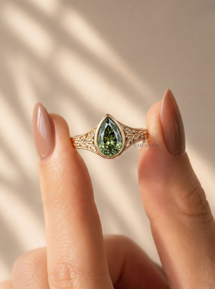 1.0CT to 3.0CT Green Pear Cut Gemstone Vintage Bezel Set Floral Engraved Engagement Ring