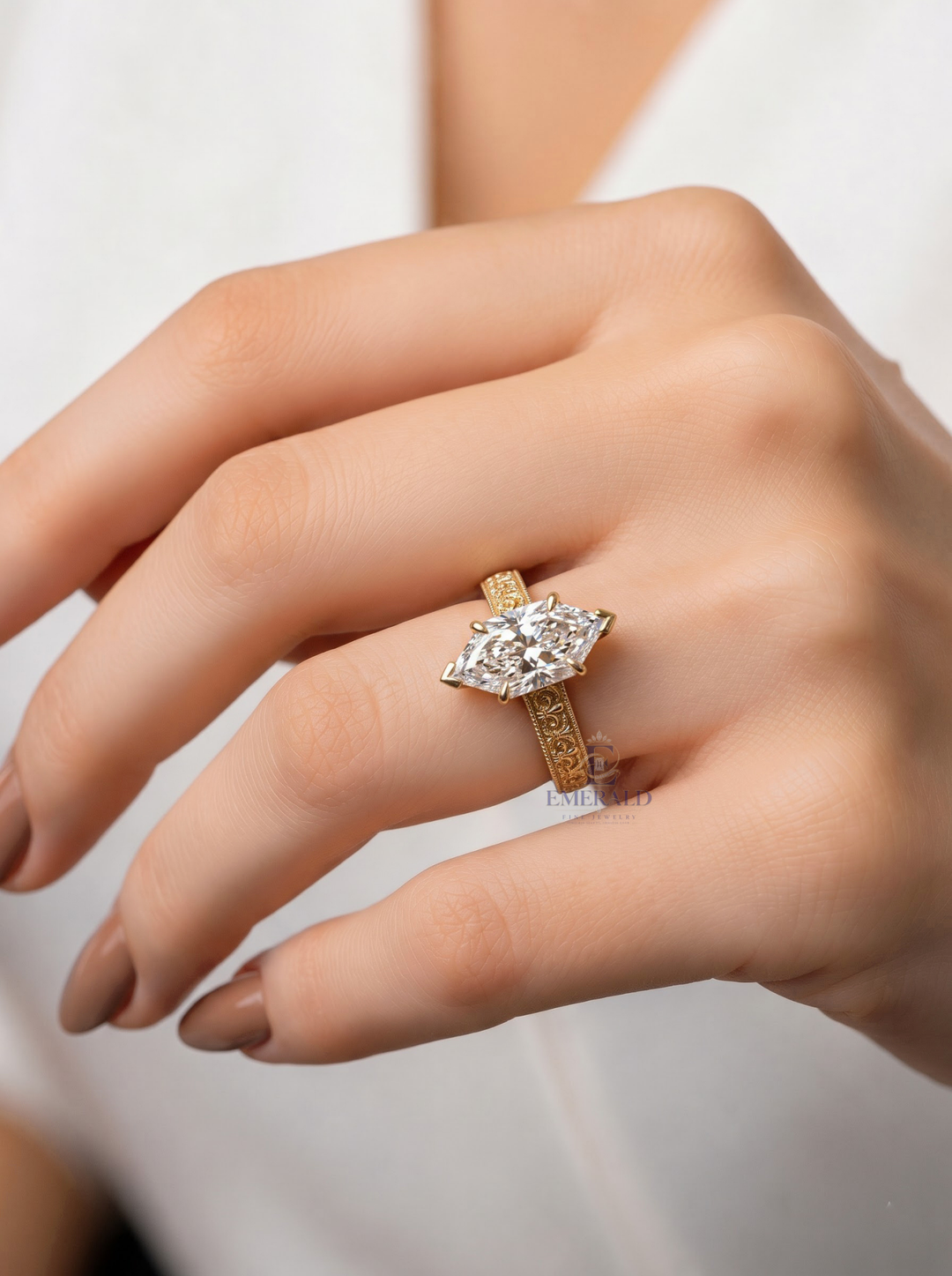 1.0CT to 3.0CT Elongated Hexagon Lab Grown Diamond Antique Engraved Solitaire Engagement Ring