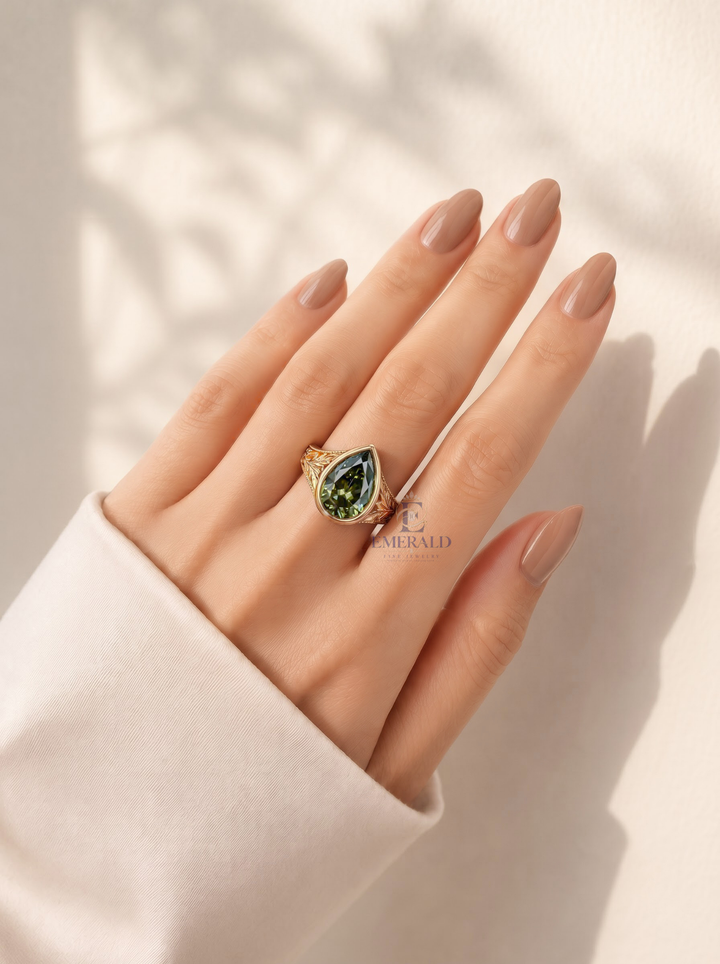 1.0CT to 3.0CT Green Pear Cut Gemstone Vintage Bezel Set Floral Engraved Engagement Ring