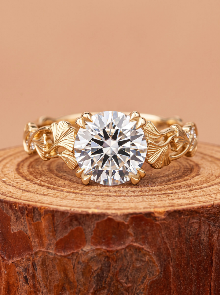 2.0CT Round Cut Lab Grown Diamond Leaf Vintage Engraved Engagement Ring