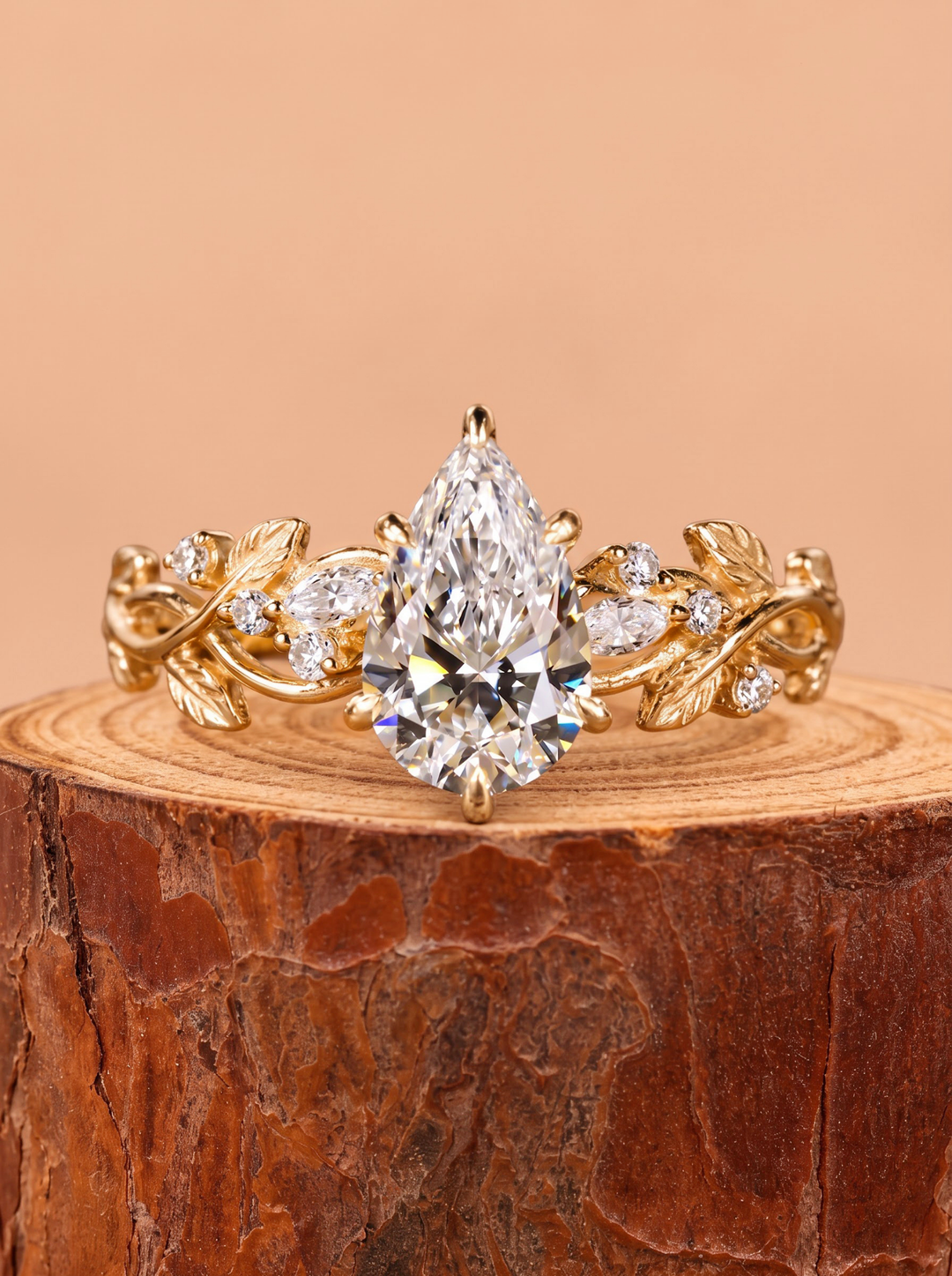 3.0CT Pear Cut Lab Grown Diamond Vintage Vine and Leaf Diamond Engagement Ring