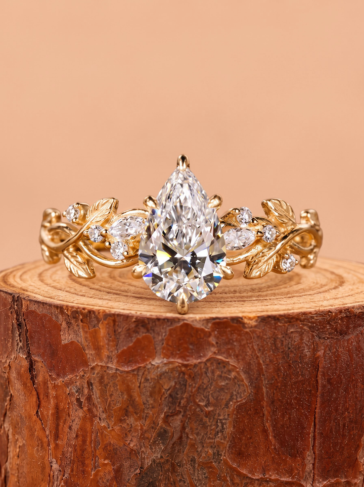3.0CT Pear Cut Lab Grown Diamond Vintage Vine and Leaf Diamond Engagement Ring