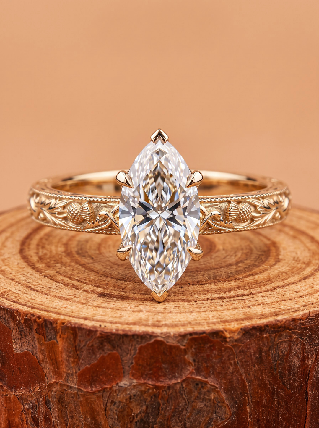 1.0CT to 3.0CT Marquise Lab Grown Diamond Vintage Thistle Engraved Engagement Ring