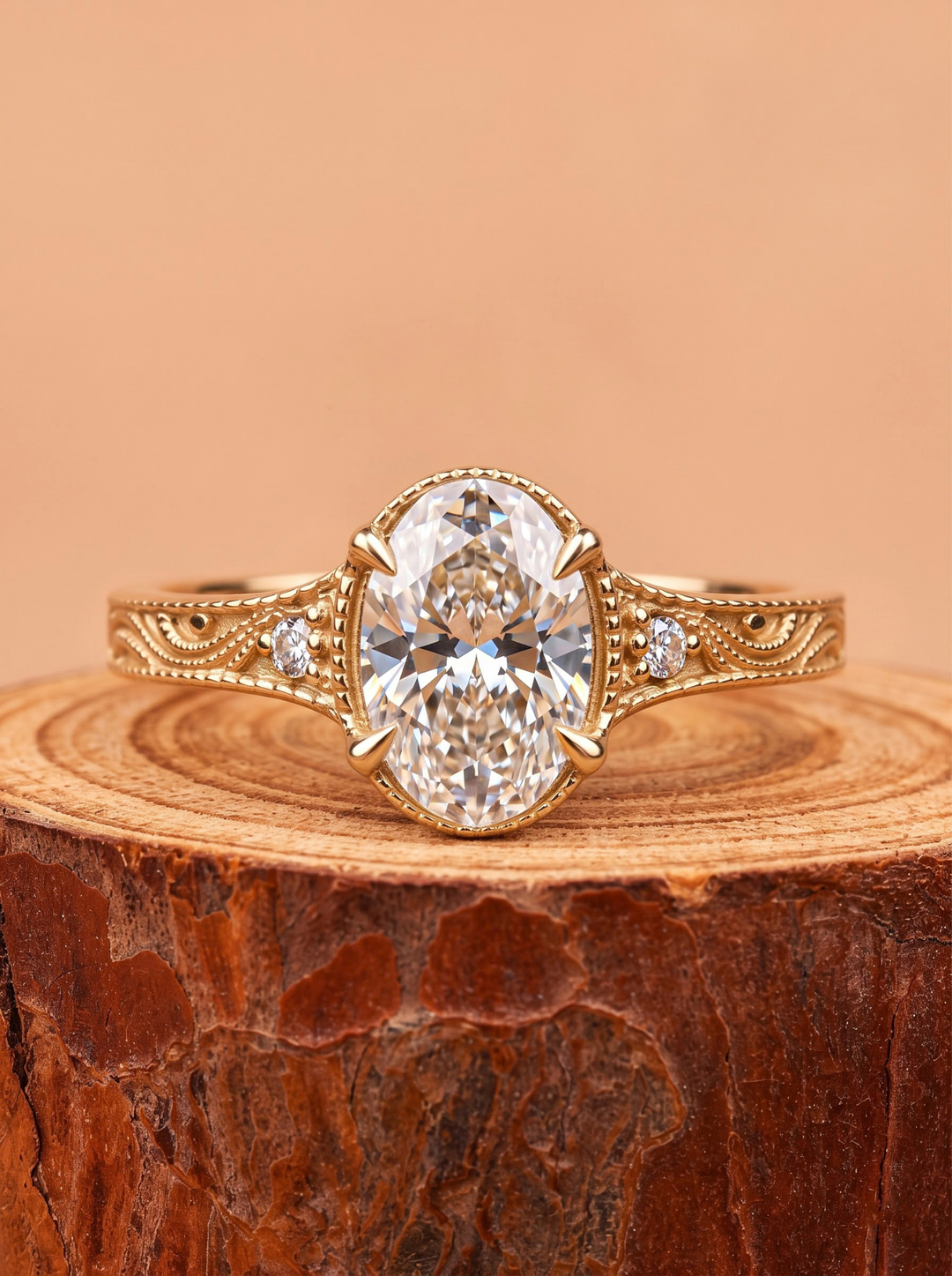 1.0CT to 3.0CT Oval Lab Grown Diamond Vintage Bezel Milgrain Three Stone Engagement Ring