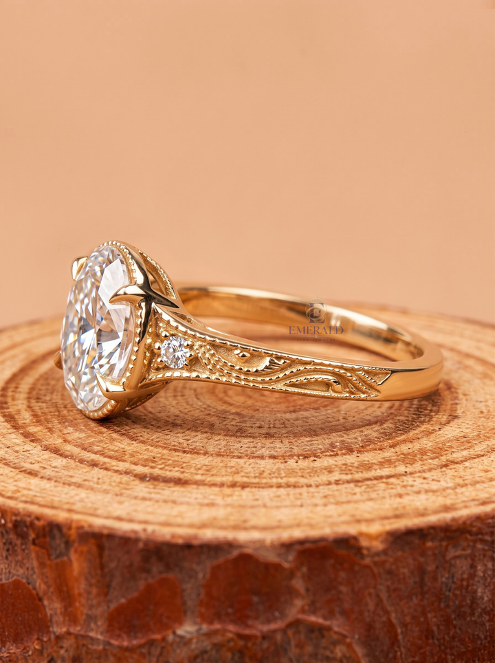 1.0CT to 3.0CT Oval Lab Grown Diamond Vintage Bezel Milgrain Three Stone Engagement Ring