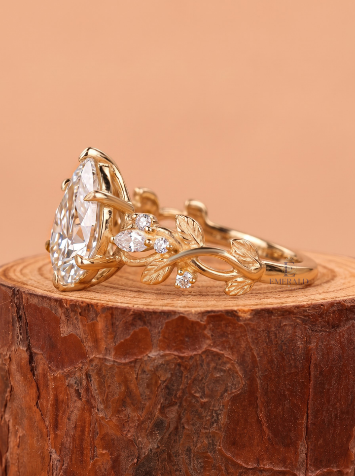 3.0CT Pear Cut Lab Grown Diamond Vintage Vine and Leaf Diamond Engagement Ring
