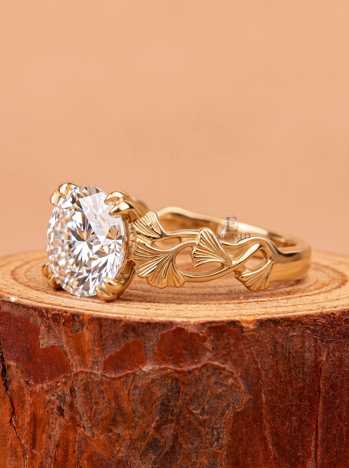 2.0CT Round Cut Lab Grown Diamond Leaf Vintage Engraved Engagement Ring