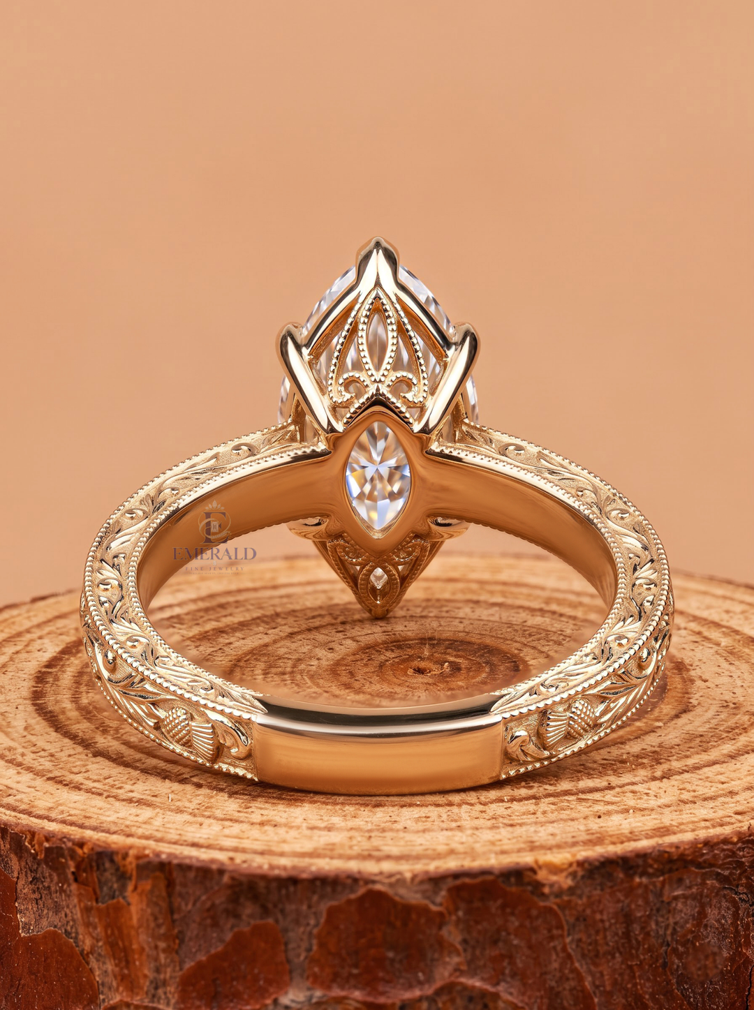 1.0CT to 3.0CT Marquise Lab Grown Diamond Vintage Thistle Engraved Engagement Ring