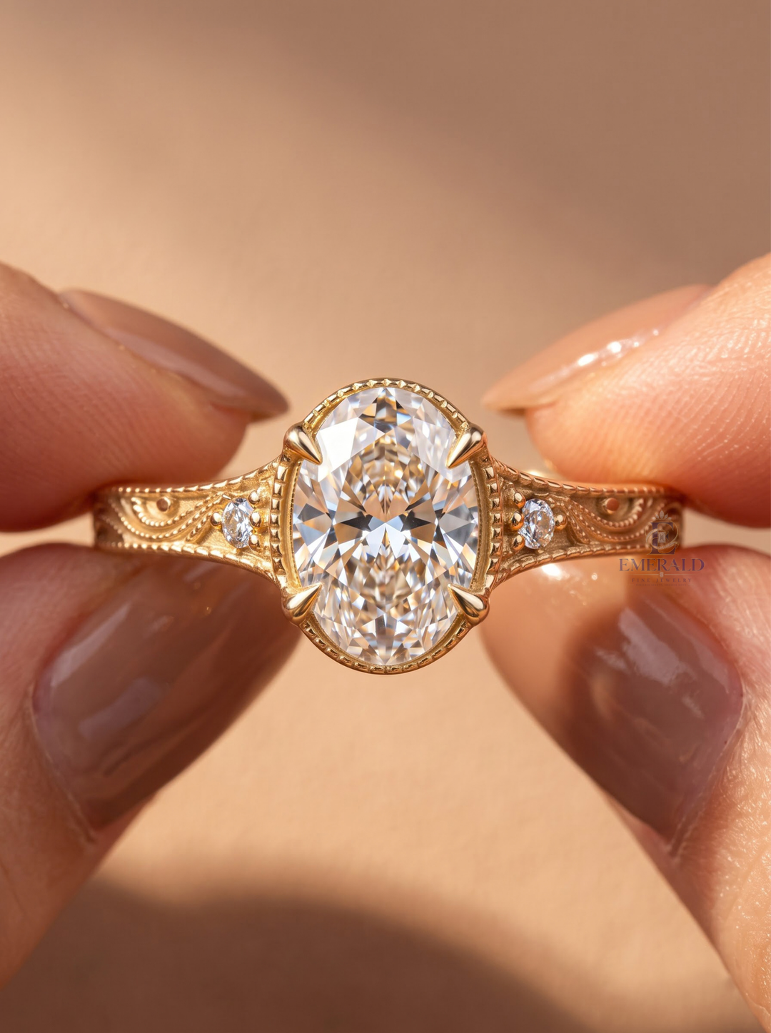 1.0CT to 3.0CT Oval Lab Grown Diamond Vintage Bezel Milgrain Three Stone Engagement Ring