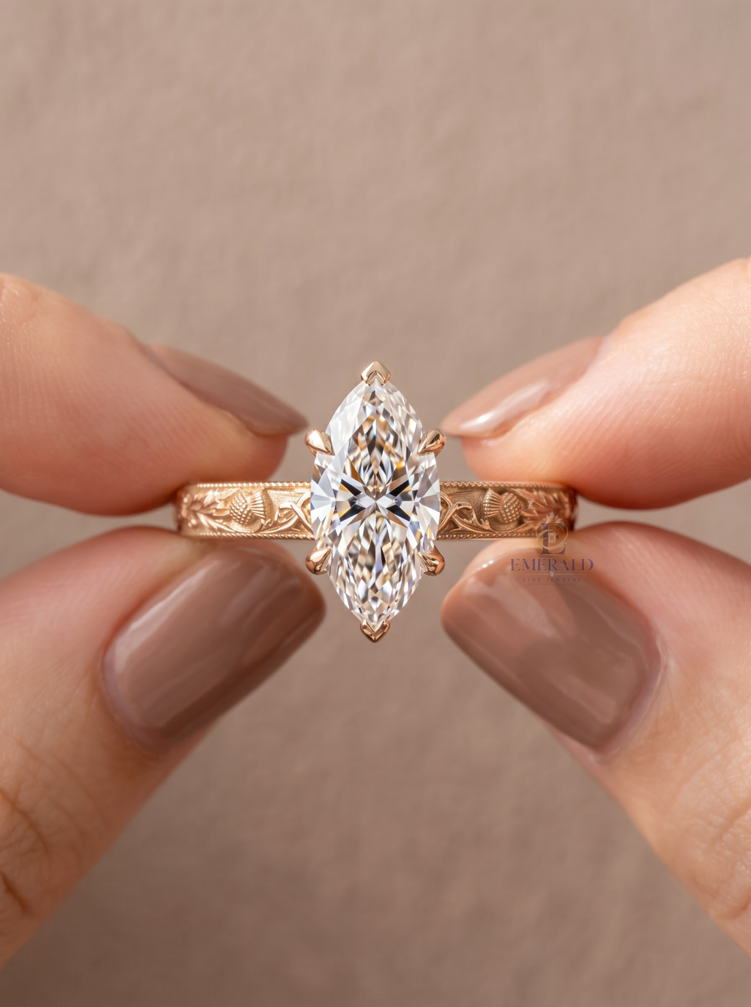 1.0CT to 3.0CT Marquise Lab Grown Diamond Vintage Thistle Engraved Engagement Ring