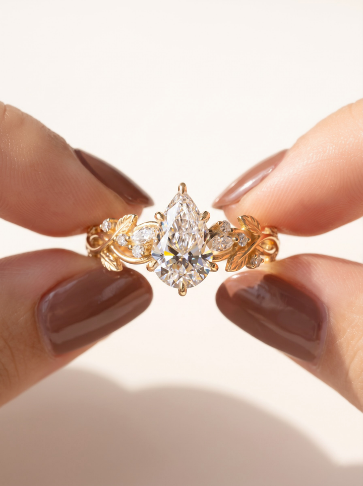 3.0CT Pear Cut Lab Grown Diamond Vintage Vine and Leaf Diamond Engagement Ring