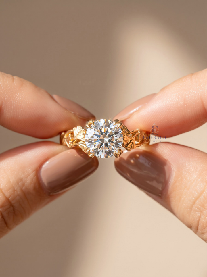 2.0CT Round Cut Lab Grown Diamond Leaf Vintage Engraved Engagement Ring