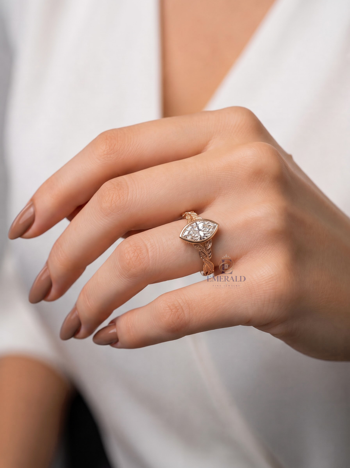 2.0CT Marquise Lab Grown Diamond Vintage Leaf Vine Bezel Set Engagement Ring