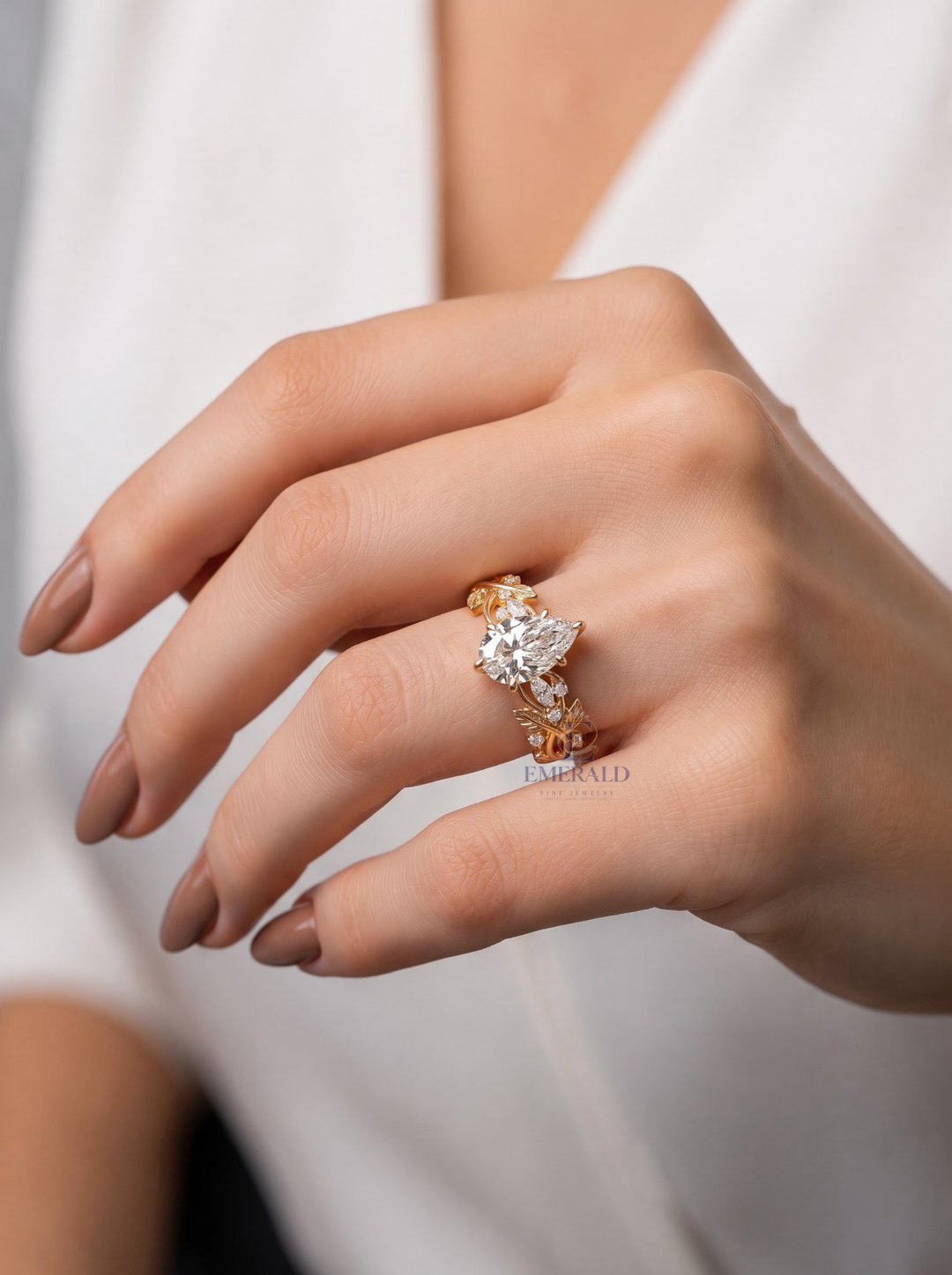 3.0CT Pear Cut Lab Grown Diamond Vintage Vine and Leaf Diamond Engagement Ring