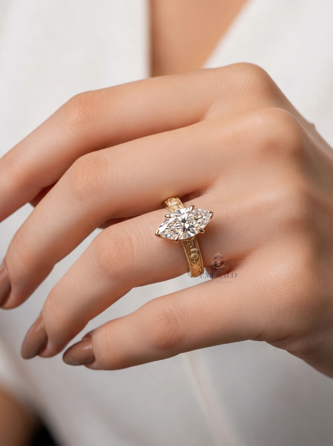 1.0CT to 3.0CT Marquise Lab Grown Diamond Vintage Thistle Engraved Engagement Ring
