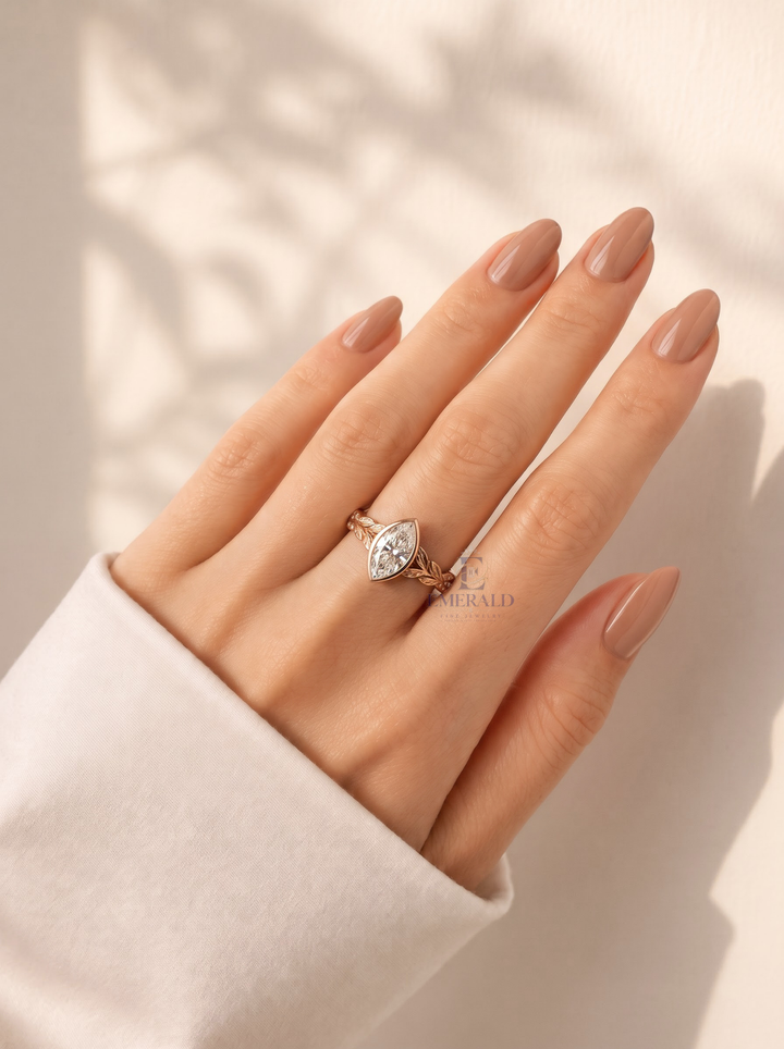 2.0CT Marquise Lab Grown Diamond Vintage Leaf Vine Bezel Set Engagement Ring