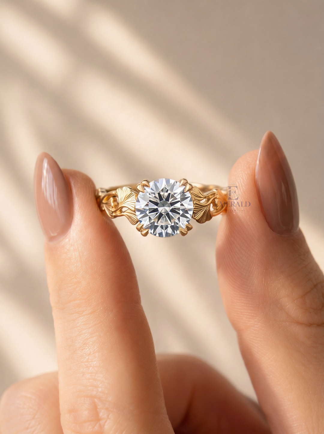 2.0CT Round Cut Lab Grown Diamond Leaf Vintage Engraved Engagement Ring