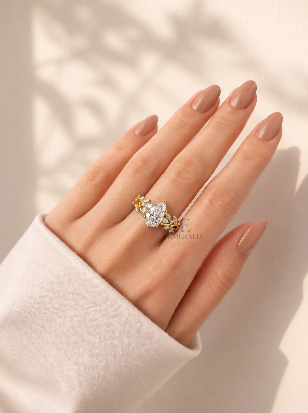3.0CT Pear Cut Lab Grown Diamond Vintage Vine and Leaf Diamond Engagement Ring