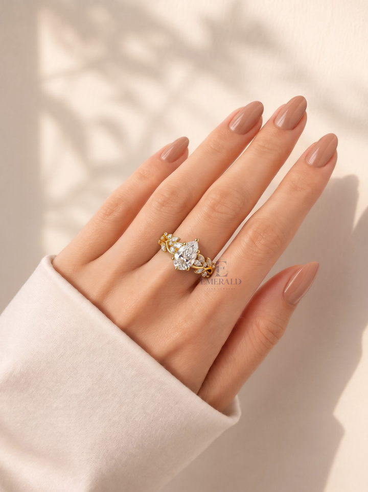 3.0CT Pear Cut Lab Grown Diamond Vintage Vine and Leaf Diamond Engagement Ring