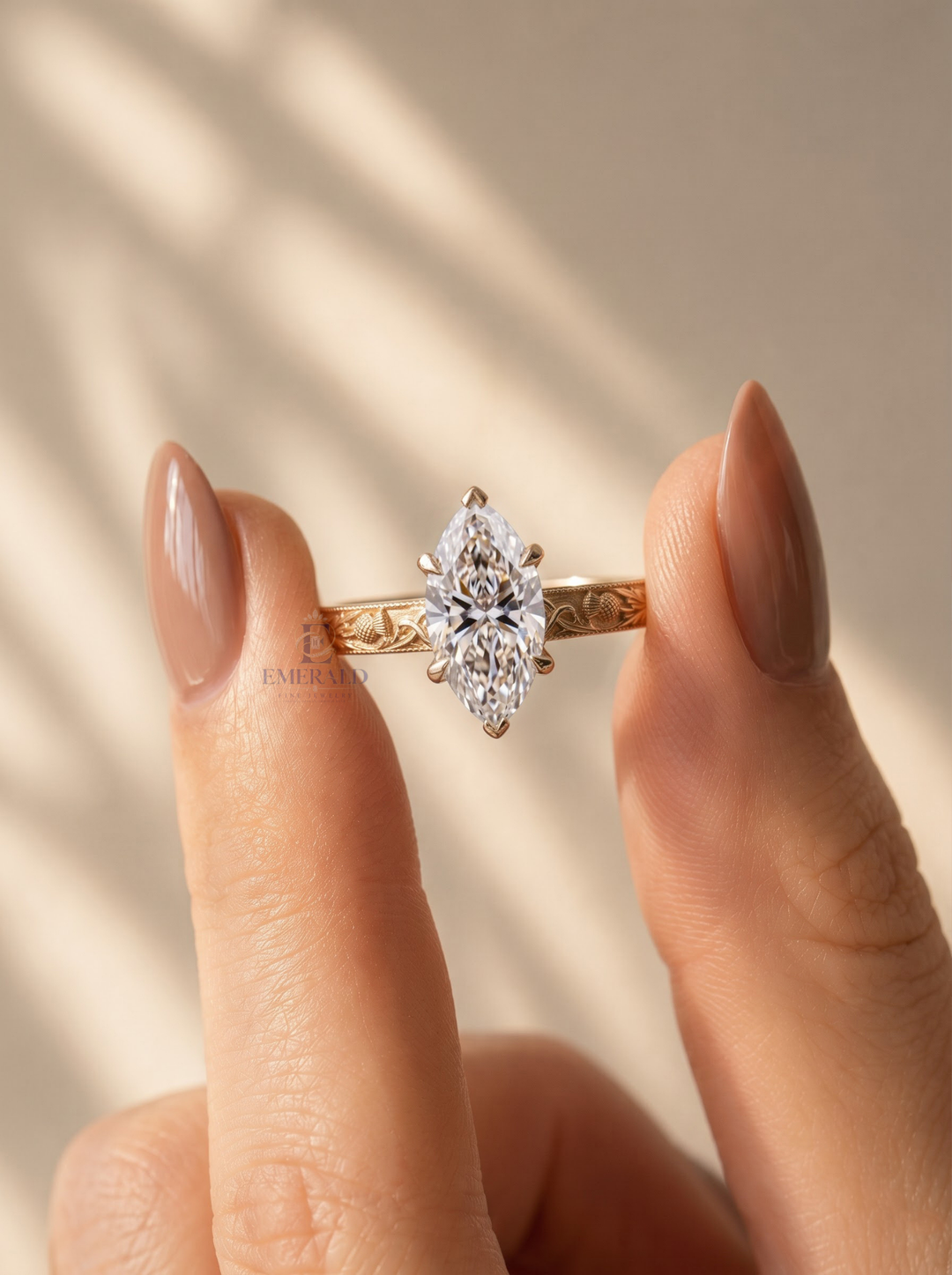1.0CT to 3.0CT Marquise Lab Grown Diamond Vintage Thistle Engraved Engagement Ring