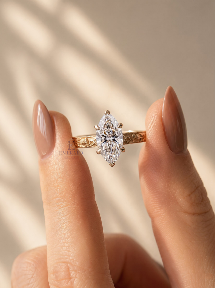1.0CT to 3.0CT Marquise Lab Grown Diamond Vintage Thistle Engraved Engagement Ring