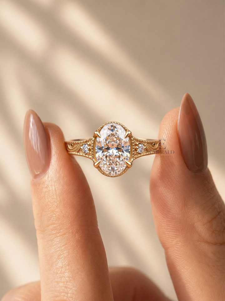1.0CT to 3.0CT Oval Lab Grown Diamond Vintage Bezel Milgrain Three Stone Engagement Ring