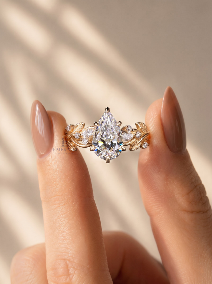 3.0CT Pear Cut Lab Grown Diamond Vintage Vine and Leaf Diamond Engagement Ring