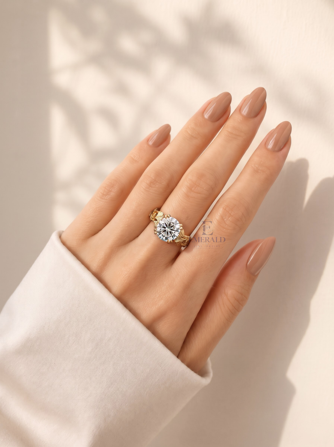2.0CT Round Cut Lab Grown Diamond Leaf Vintage Engraved Engagement Ring