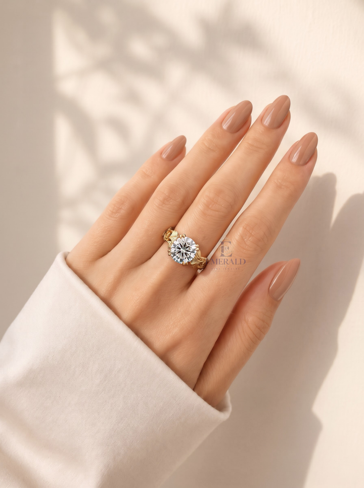 2.0CT Round Cut Lab Grown Diamond Leaf Vintage Engraved Engagement Ring