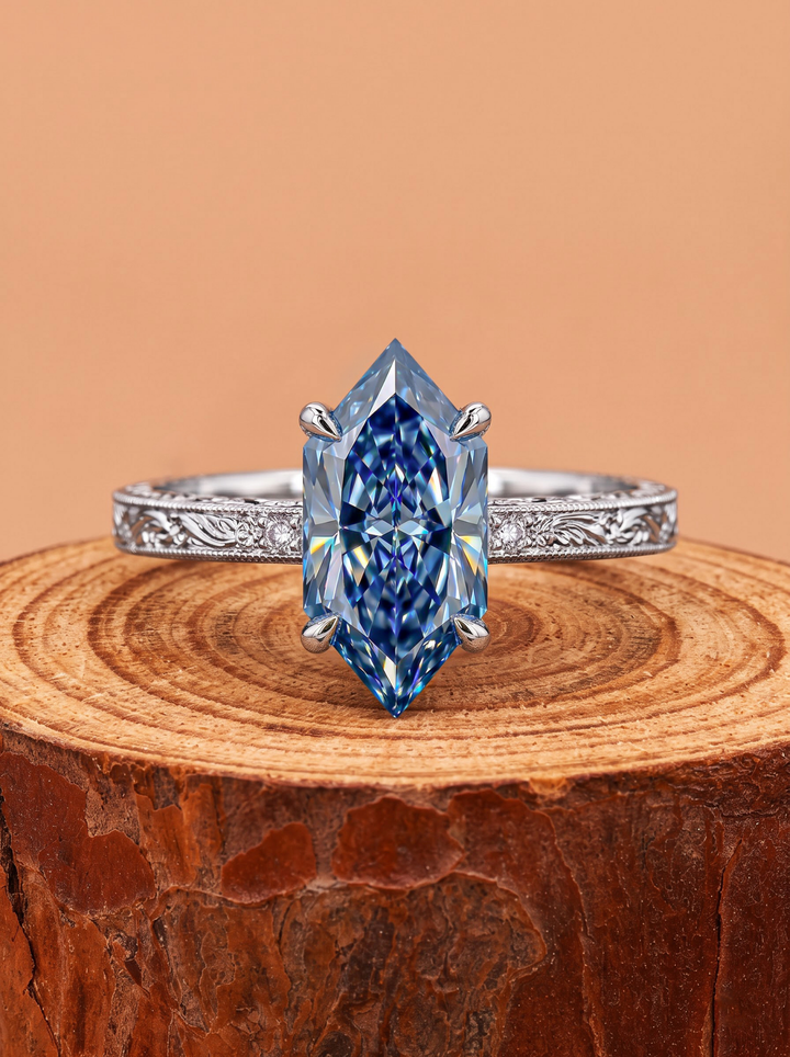 3.0CT Blue Hexagon Lab Grown Diamond Vintage Engraved Engagement Ring