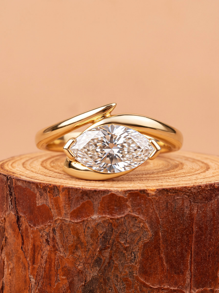 East West Marquise Cut Lab Grown Diamond Unique Bypass Engagement Ring
