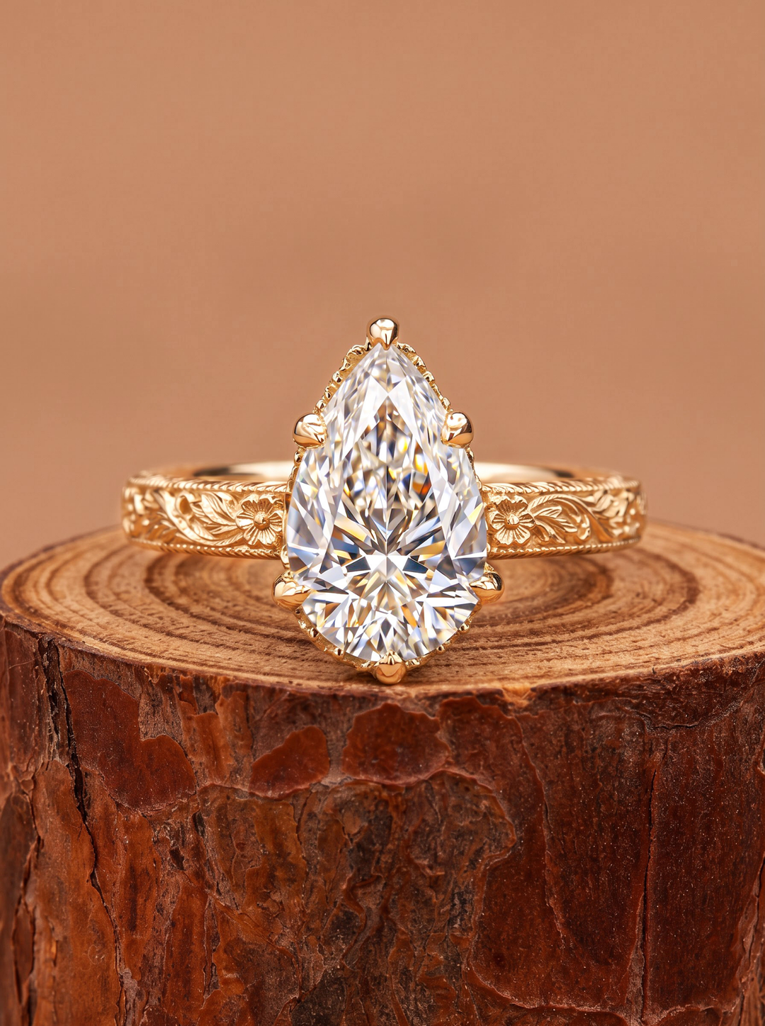 3.0CT Pear Cut Lab Grown Diamond Vintage Floral Engraved Prong Set Engagement Ring