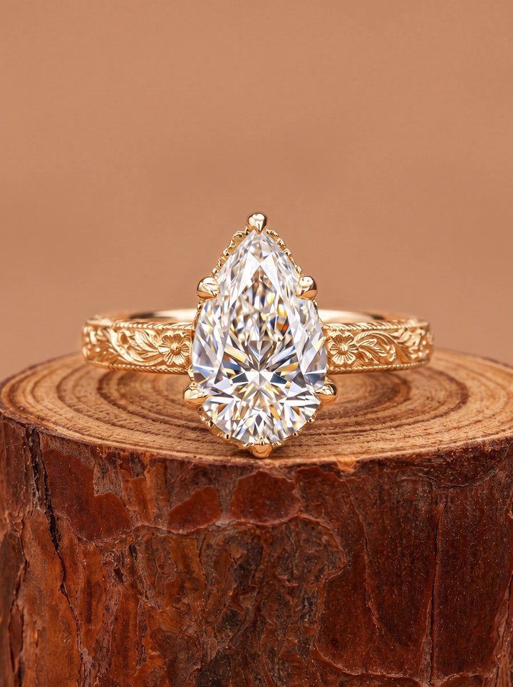 3.0CT Pear Cut Lab Grown Diamond Vintage Floral Engraved Prong Set Engagement Ring