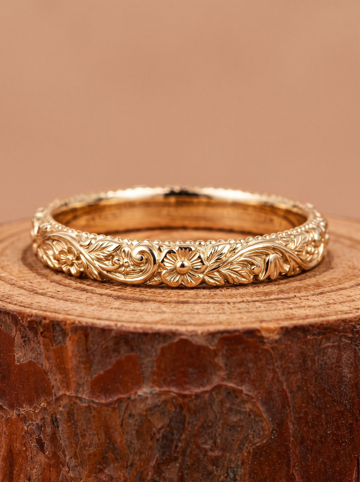 Vintage Floral Engraved Milgrain Gold Wedding Anniversary Band