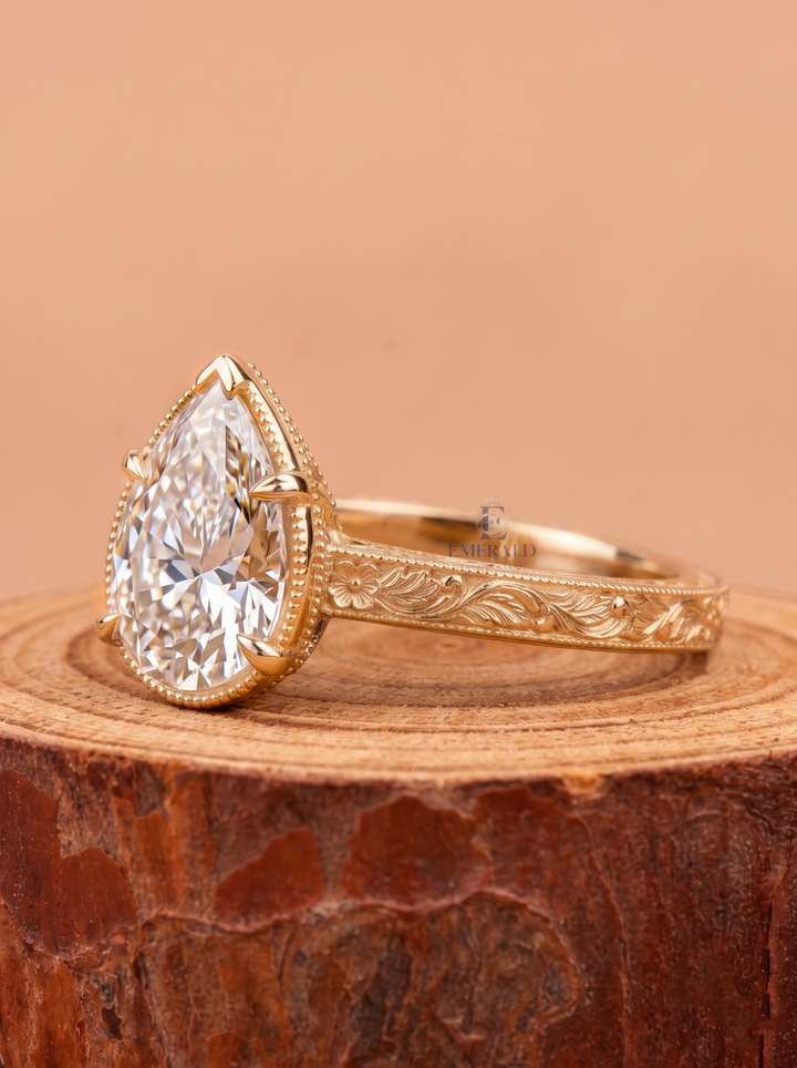 3.0CT Pear Cut Lab Grown Diamond Vintage Floral Engraved Prong Set Engagement Ring