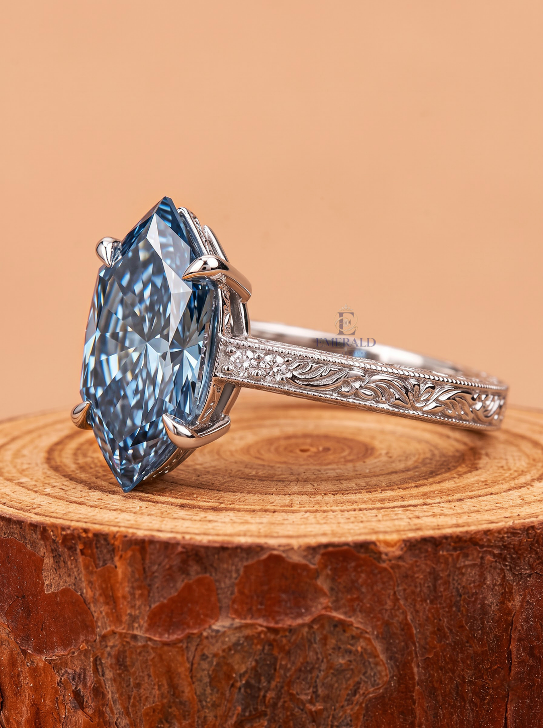 3.0CT Blue Hexagon Lab Grown Diamond Vintage Engraved Engagement Ring
