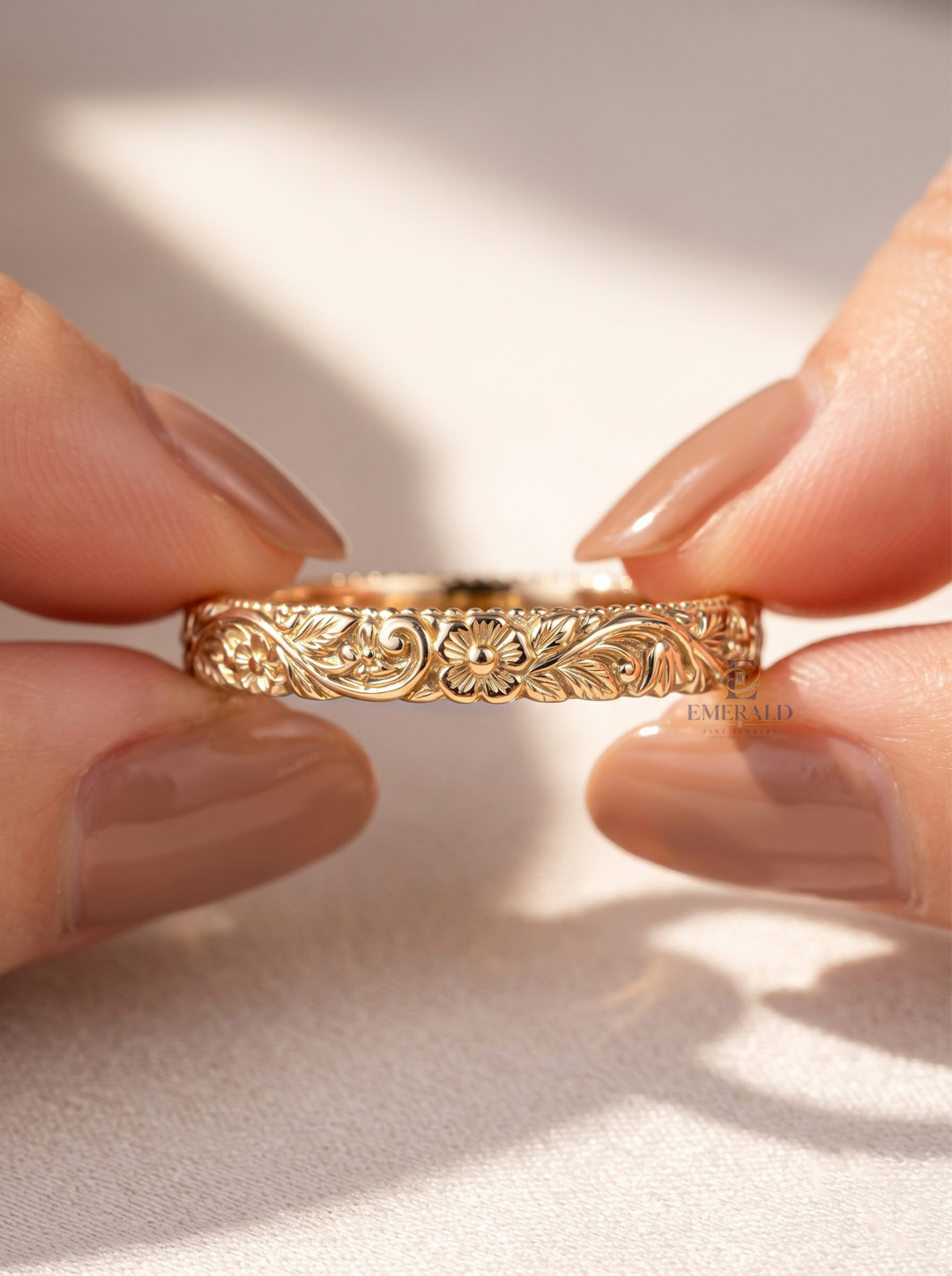 Vintage Floral Engraved Milgrain Gold Wedding Anniversary Band