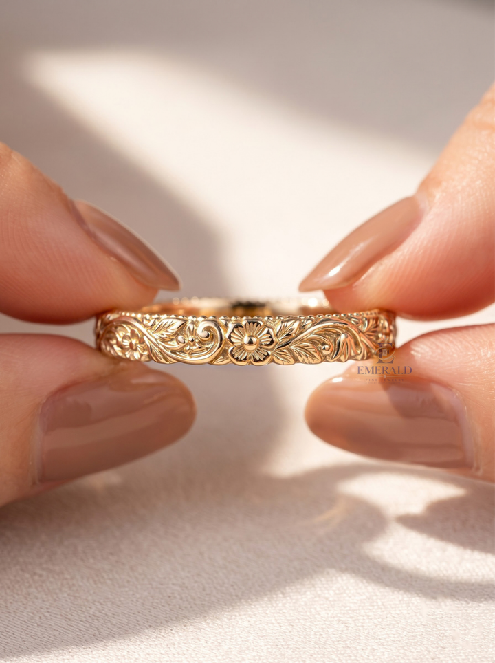 Vintage Floral Engraved Milgrain Gold Wedding Anniversary Band