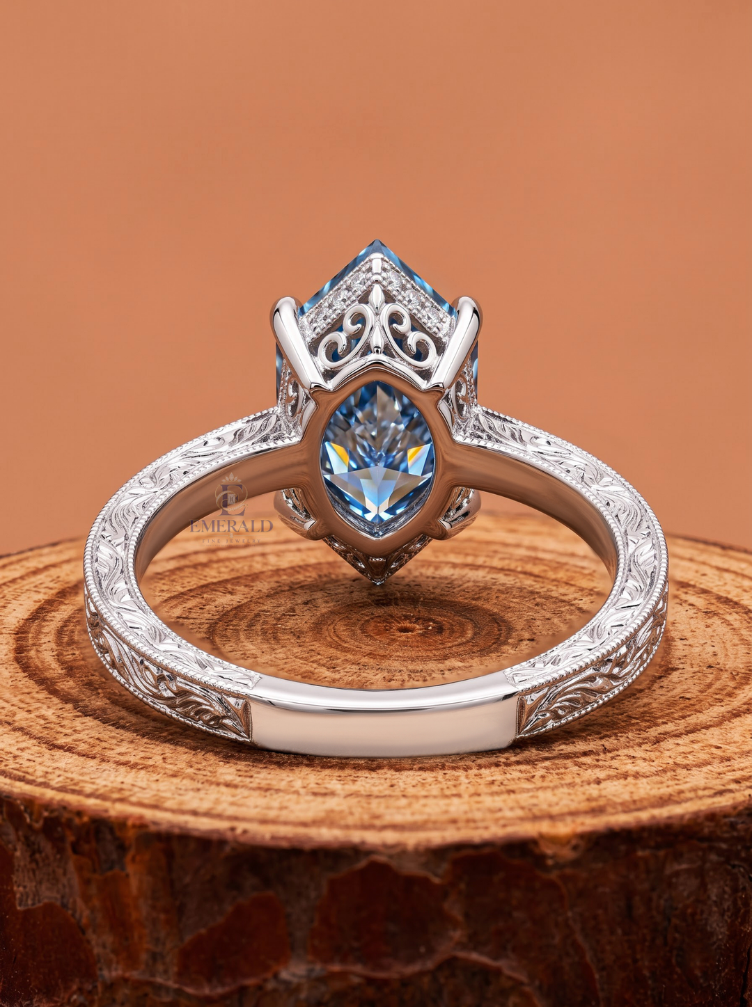 3.0CT Blue Hexagon Lab Grown Diamond Vintage Engraved Engagement Ring