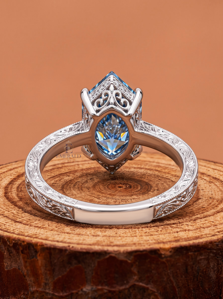3.0CT Blue Hexagon Lab Grown Diamond Vintage Engraved Engagement Ring