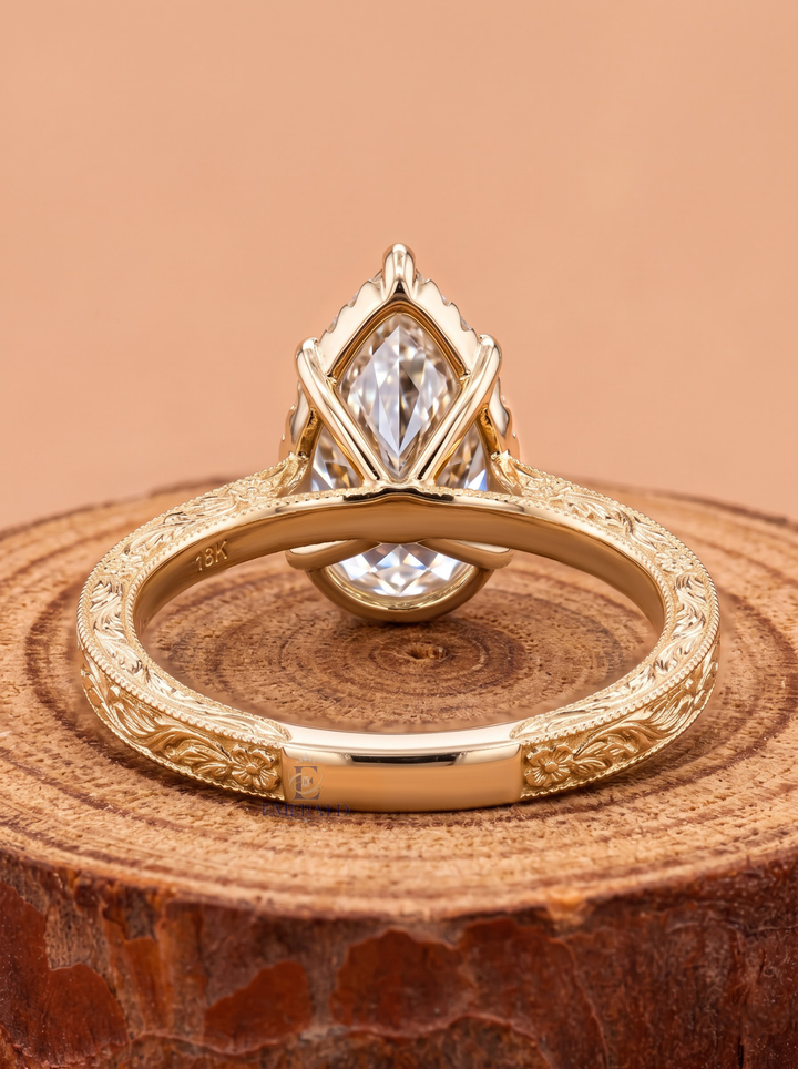 3.0CT Pear Cut Lab Grown Diamond Vintage Floral Engraved Prong Set Engagement Ring