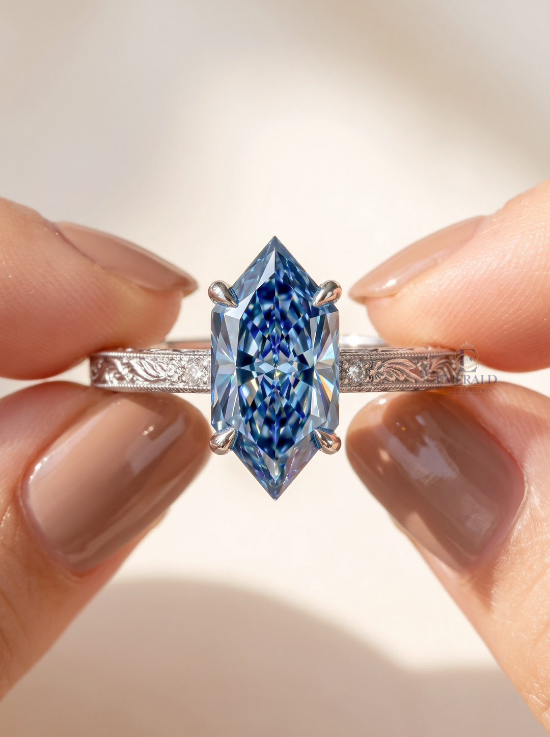3.0CT Blue Hexagon Lab Grown Diamond Vintage Engraved Engagement Ring