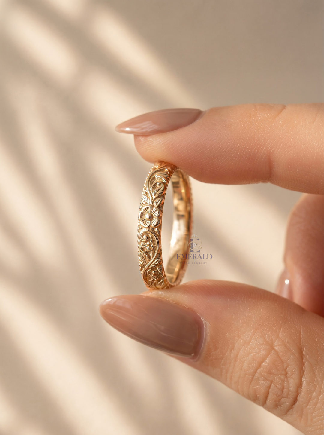 Vintage Floral Engraved Milgrain Gold Wedding Anniversary Band