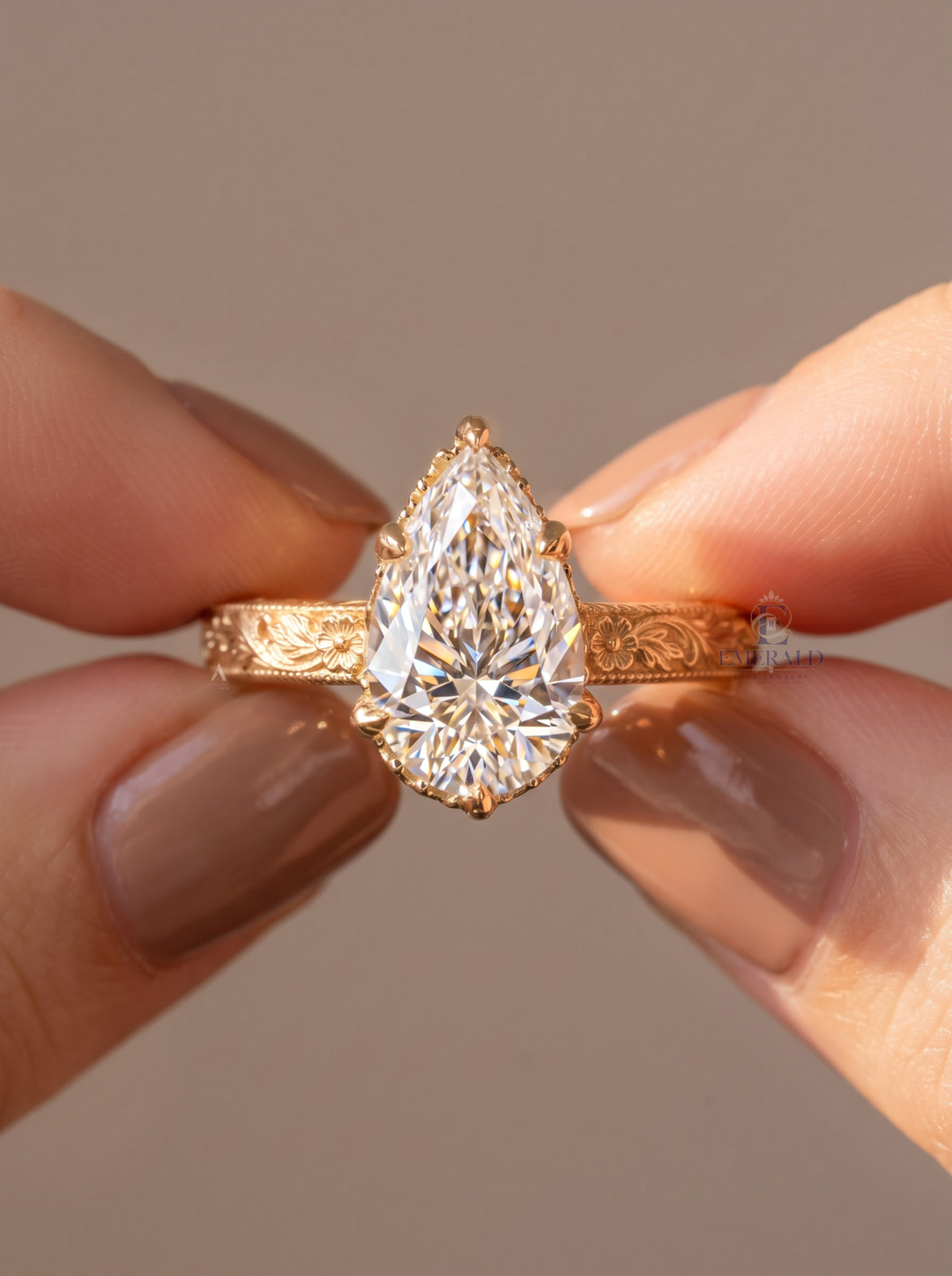 3.0CT Pear Cut Lab Grown Diamond Vintage Floral Engraved Prong Set Engagement Ring